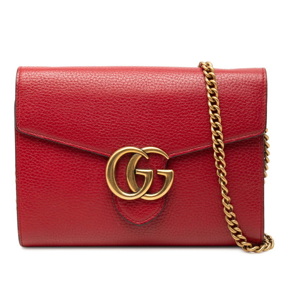 Gucci GG Marmont Crossbody Wallet Chain Shoulder Bag 401232 Red Leather Women...